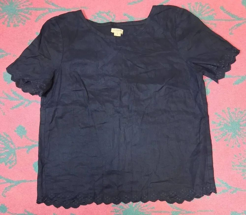 J.crew womens medium navy blue blouse 100% linen scalloped shirt popover
